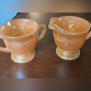 Vintage Fire King Peach Lustre Laurel Pattern sugar bowl & creamer Set